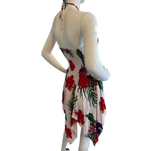 Aloha Fashion Hawaiian Smocked Halter Pixie Dress One Size White Red Floral - Picture 9 of 13